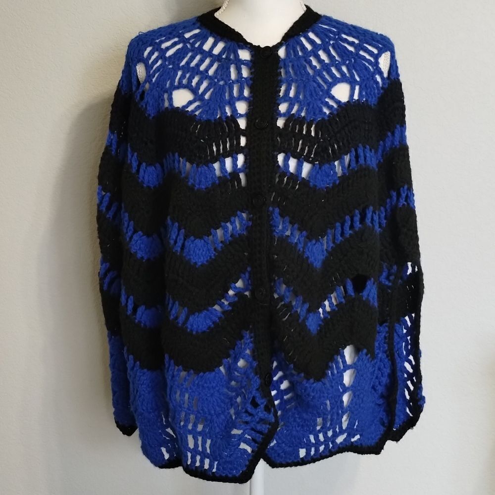 Handmade vintage crochet Poncho Shrug Blue and Black
